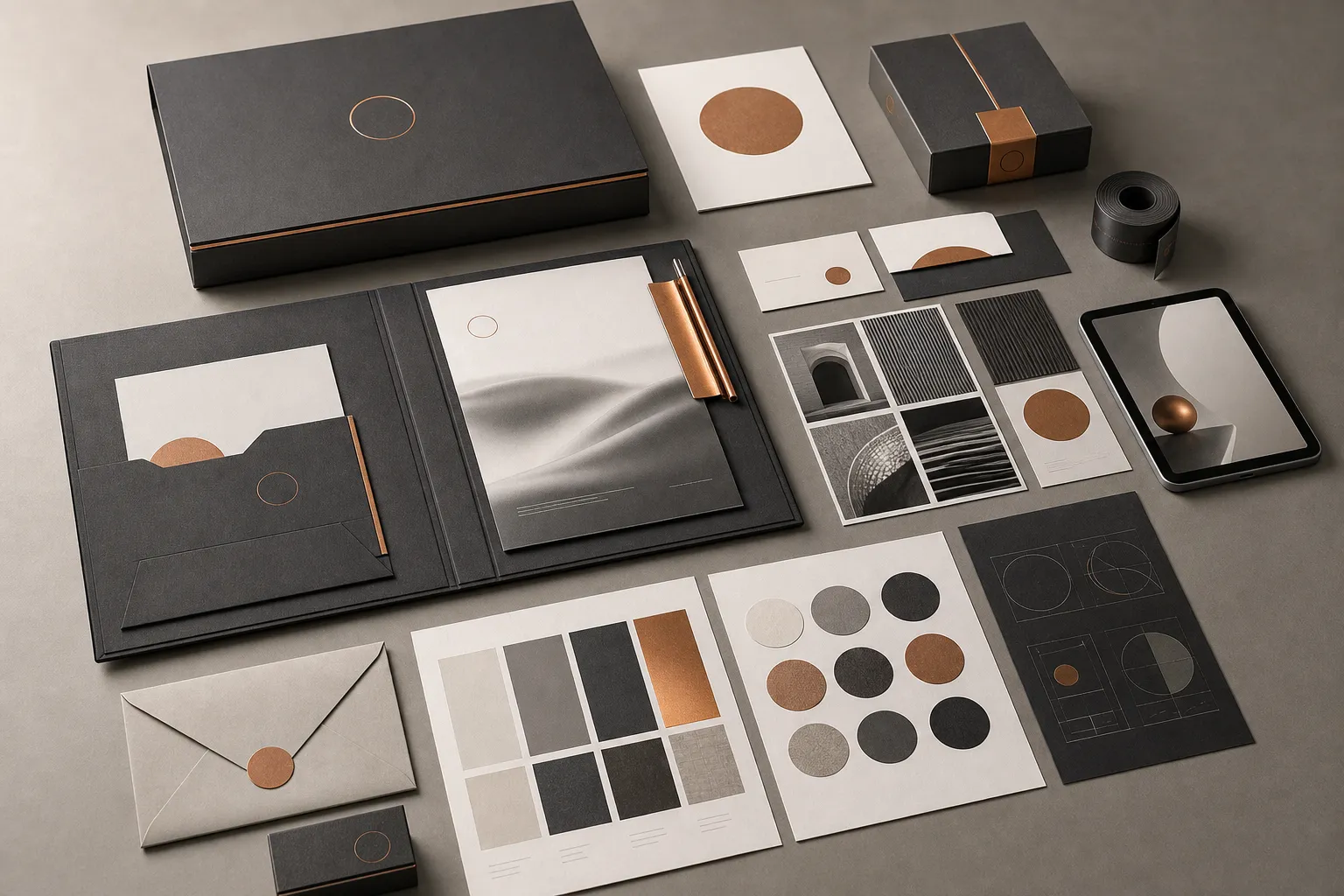 A coordinated brand identity system with stationery, packaging, color, typography, and digital samples.