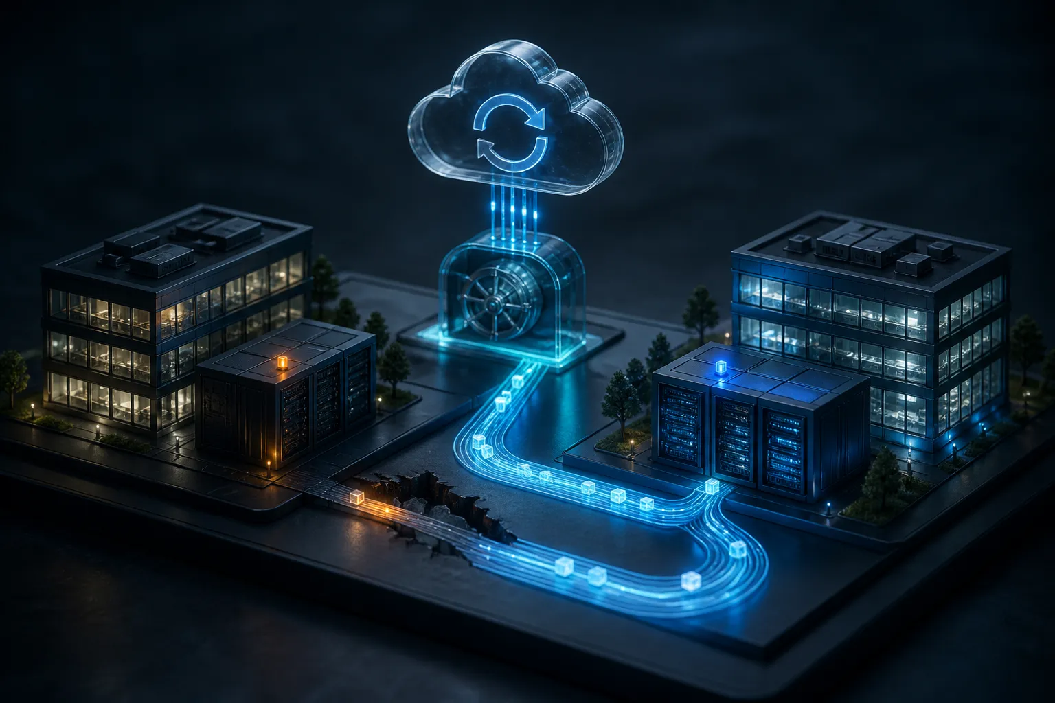 Business services rerouting from a disrupted primary environment to a protected recovery environment through a secure failover path.