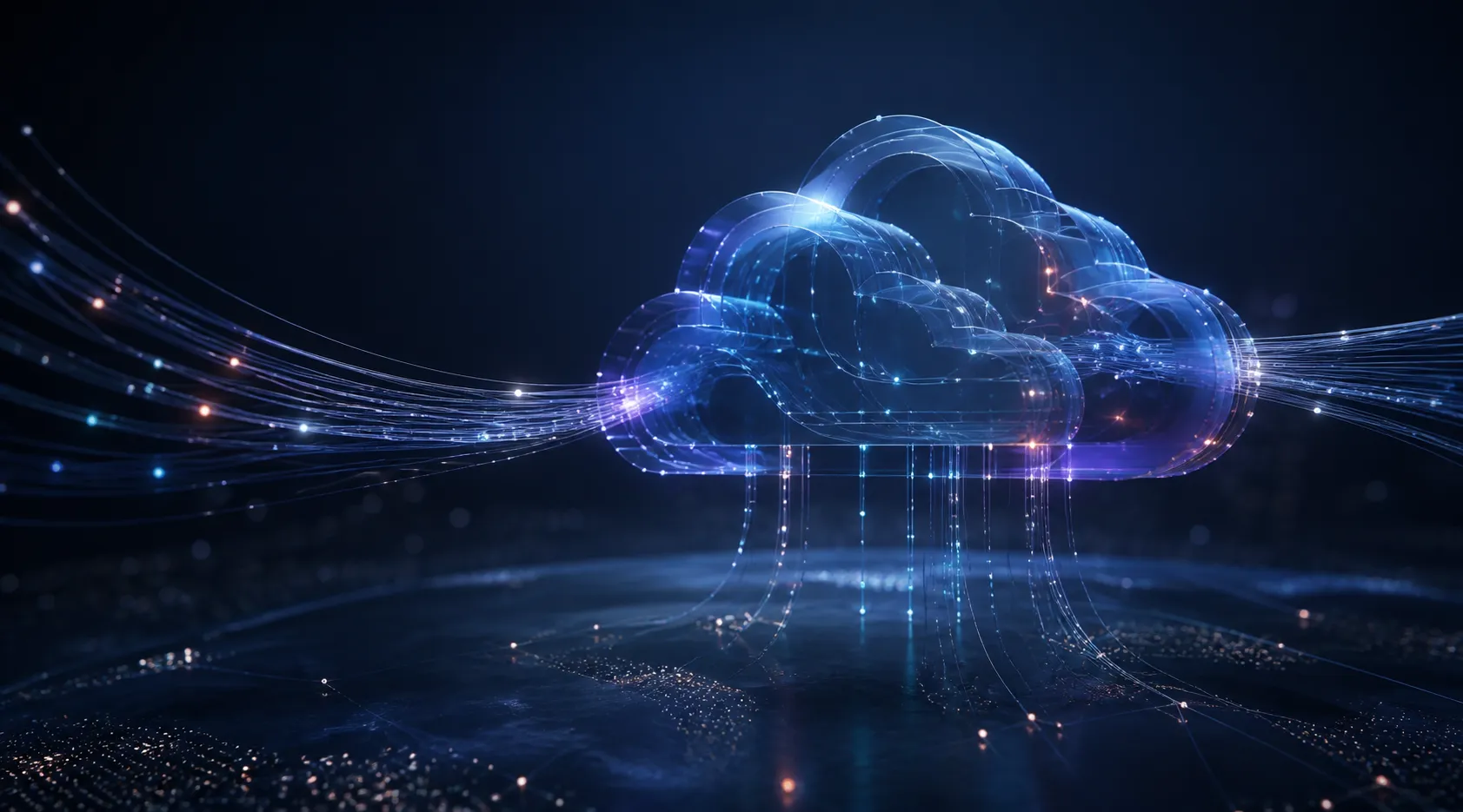 A dimensional glass cloud carrying secure data streams across a connected global network.