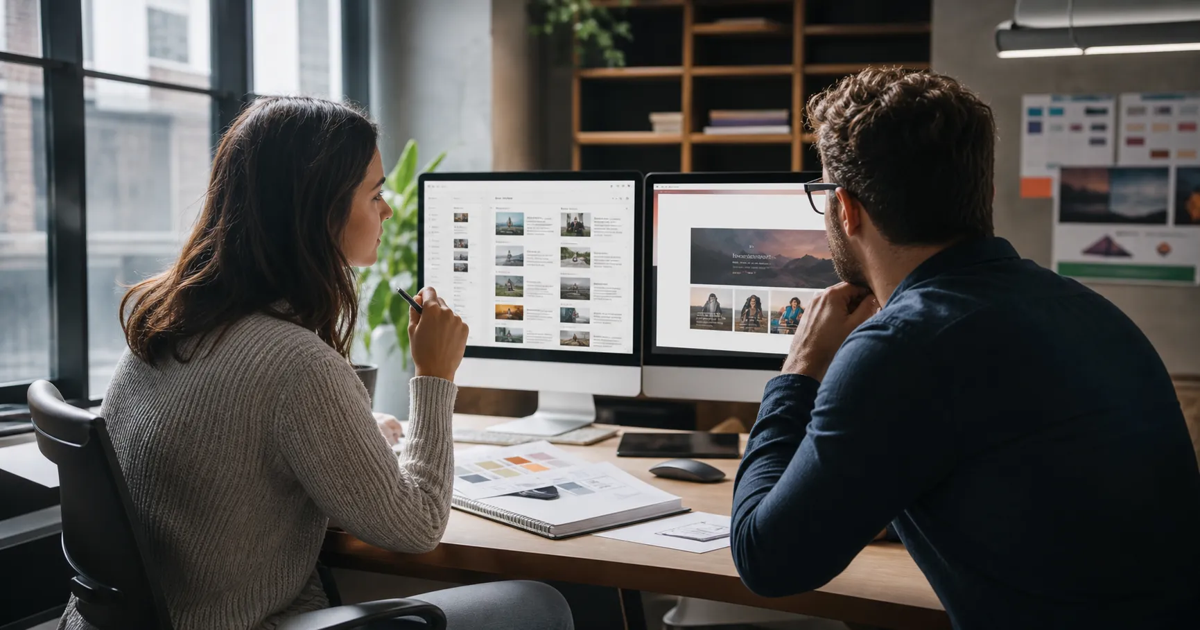 Content strategist and website specialist reviewing a content management system.