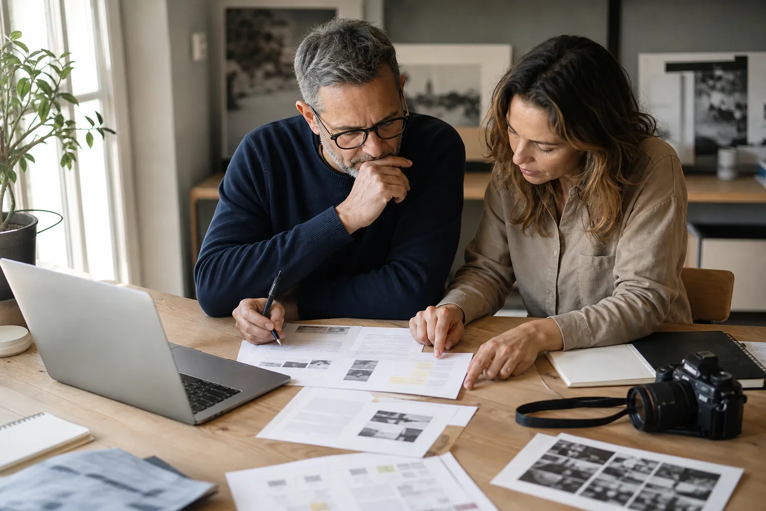 A writer and editor reviewing an article draft, supporting images, and a content outline.