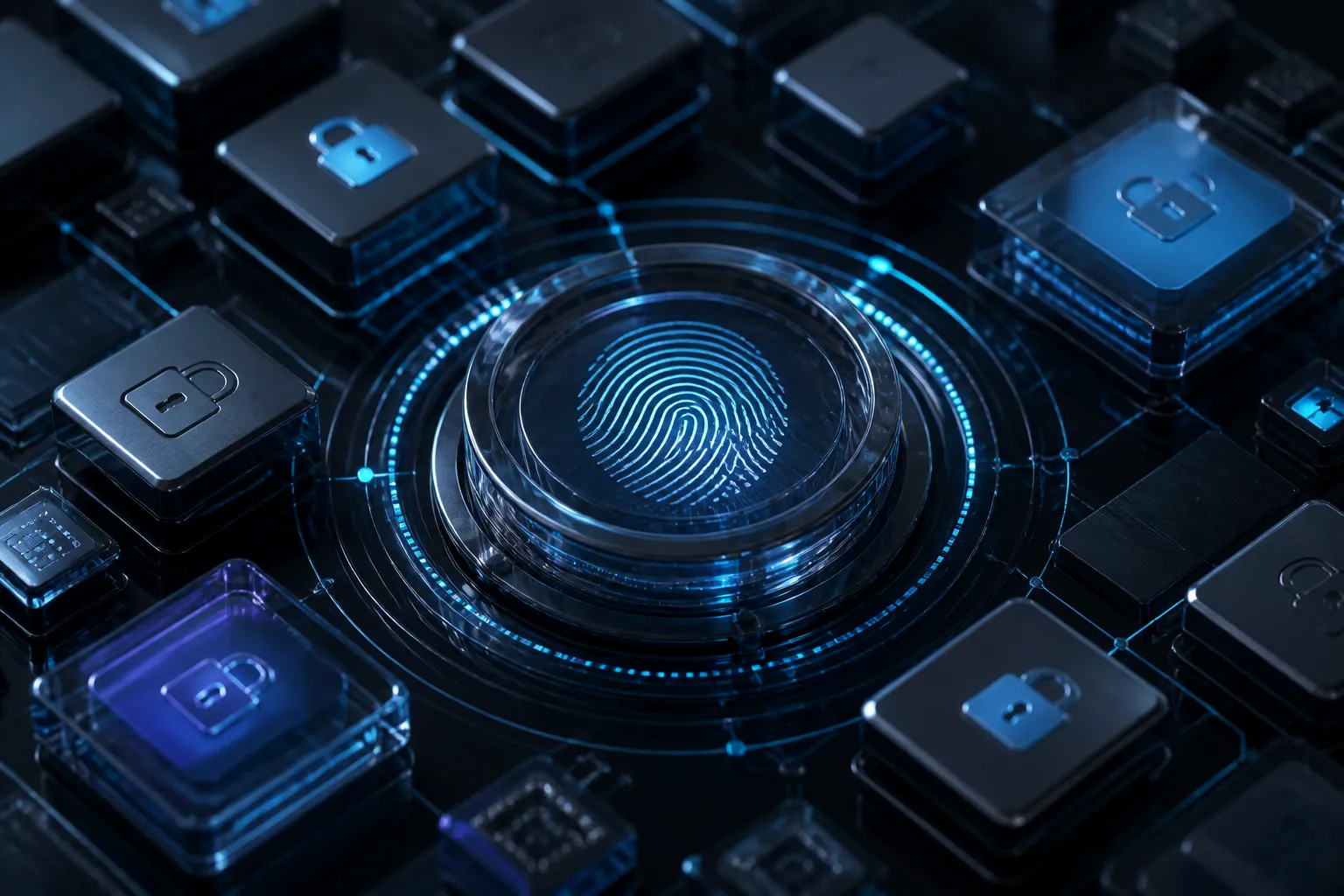 A biometric security core surrounded by layered access-control modules representing identity protection and secure access.