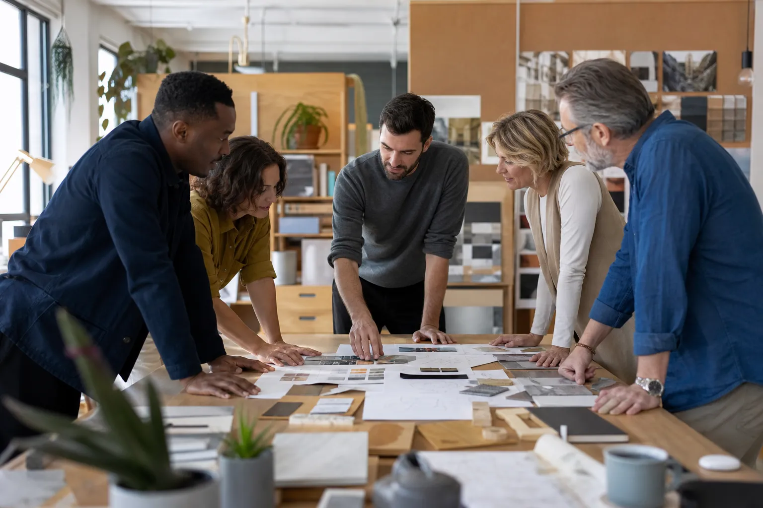 Designers and business professionals reviewing moodboards and material samples in a modern studio.