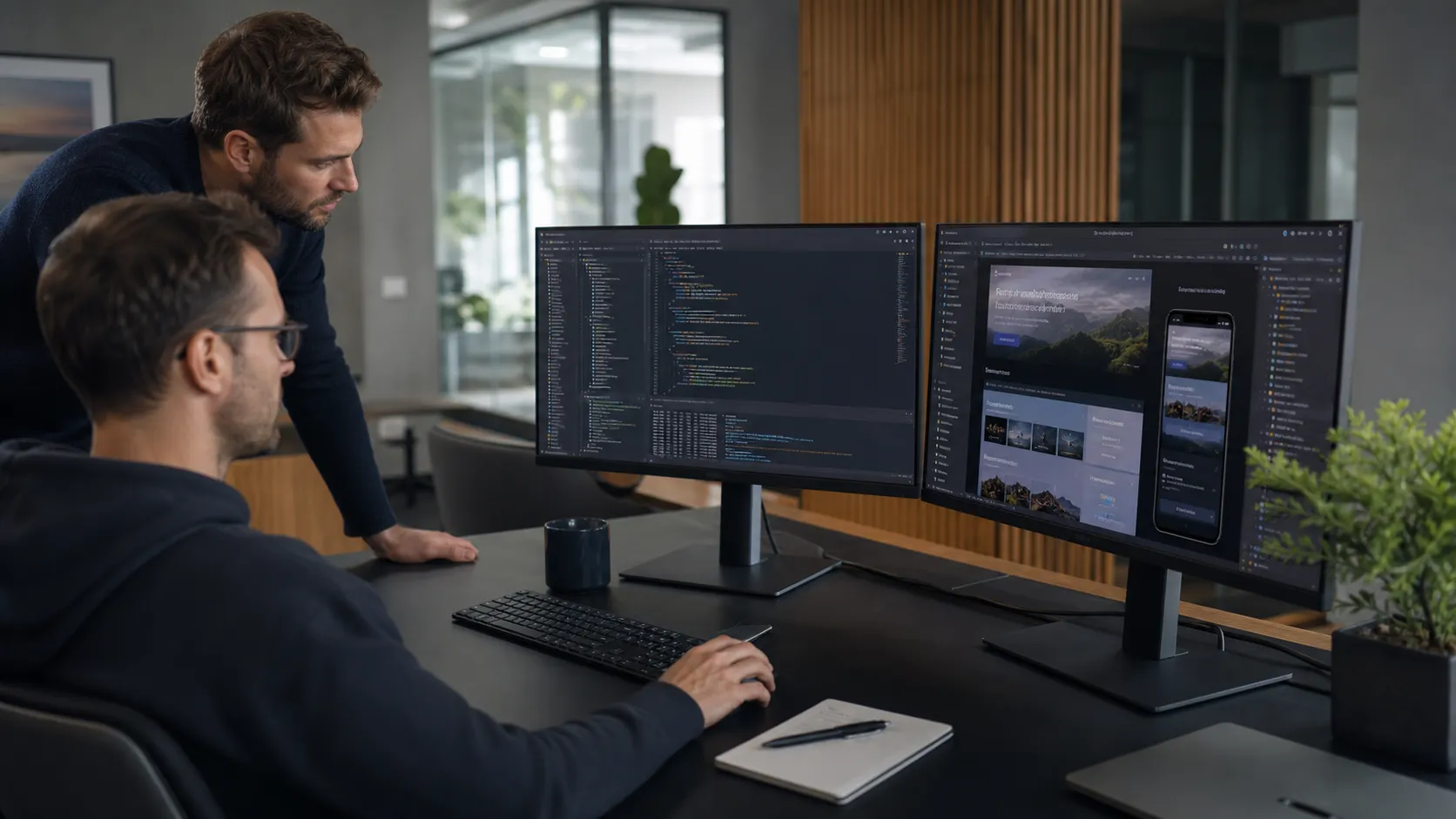 Two software developers reviewing application code and a responsive website preview on dual monitors in a modern studio.