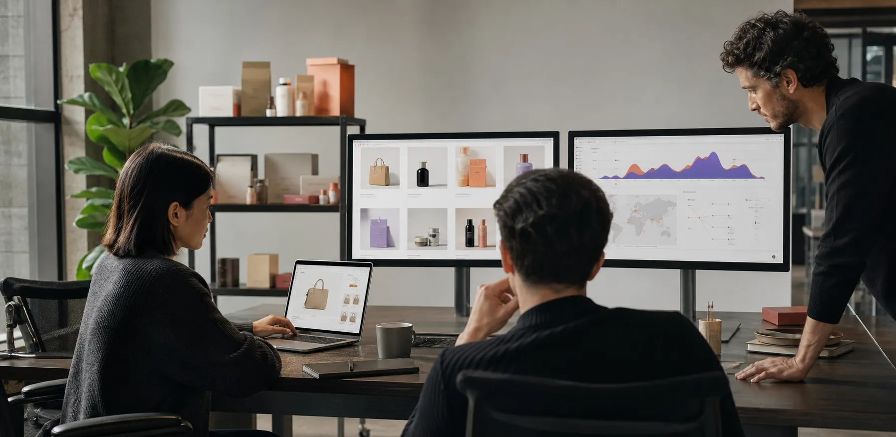 Ecommerce team reviewing an online storefront, product catalog, and sales performance.