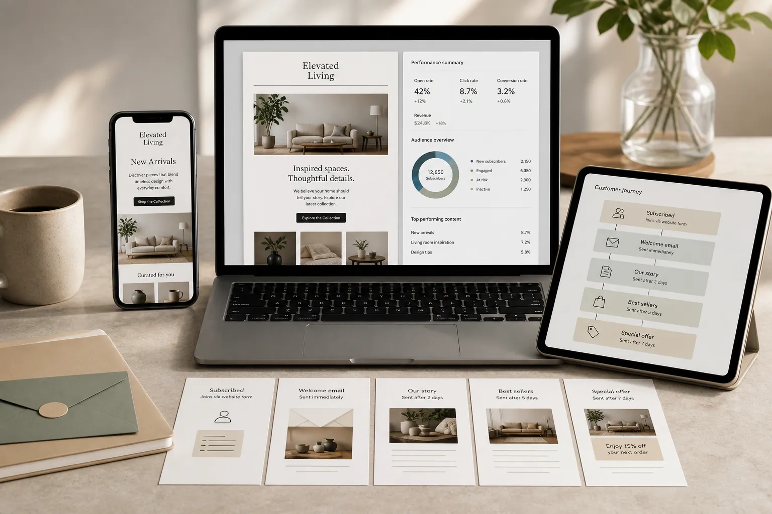 An email marketing system with newsletter designs, audience groups, automation steps, and performance reporting.