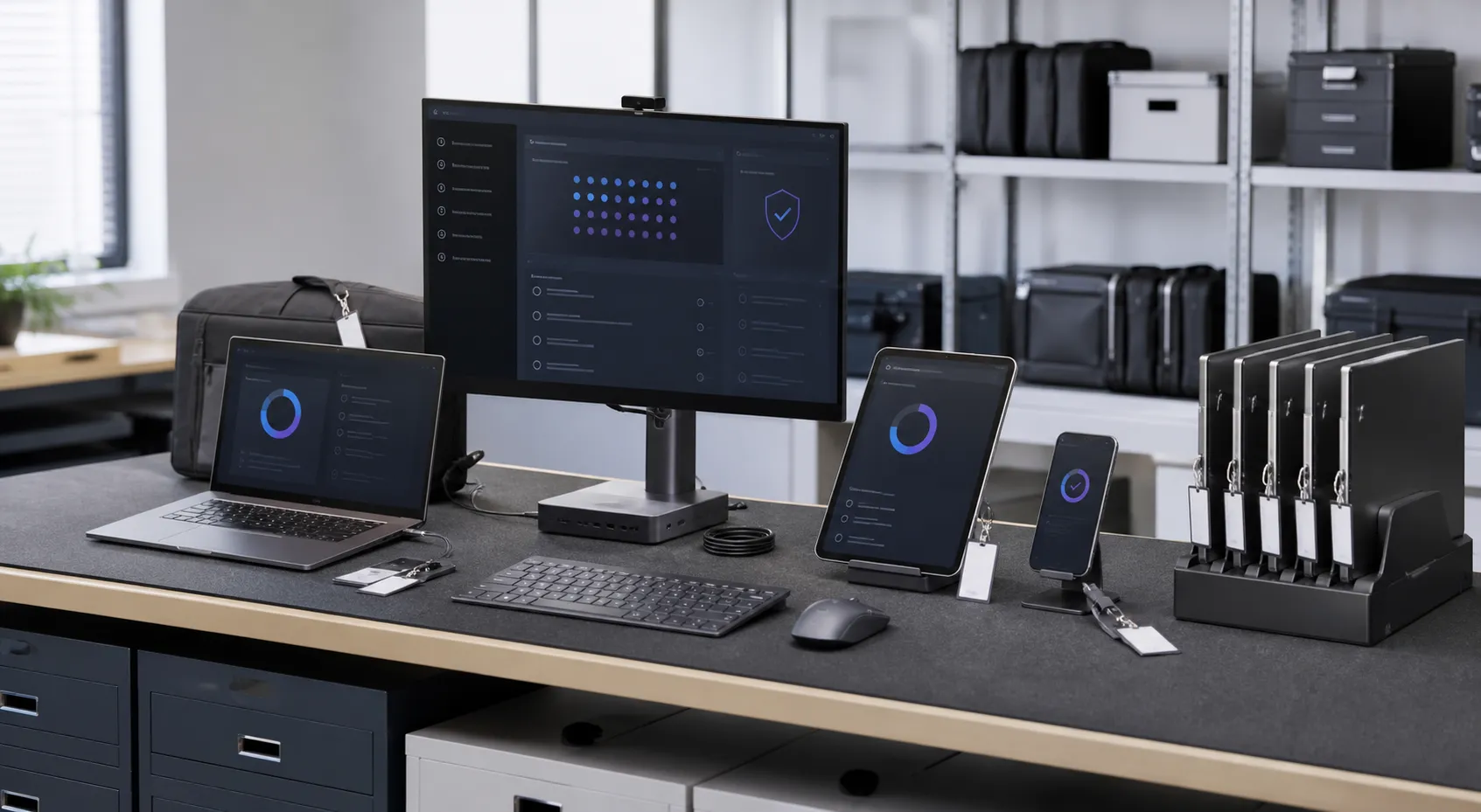 An organized business device fleet staged for deployment, protection, updates, and inventory management.