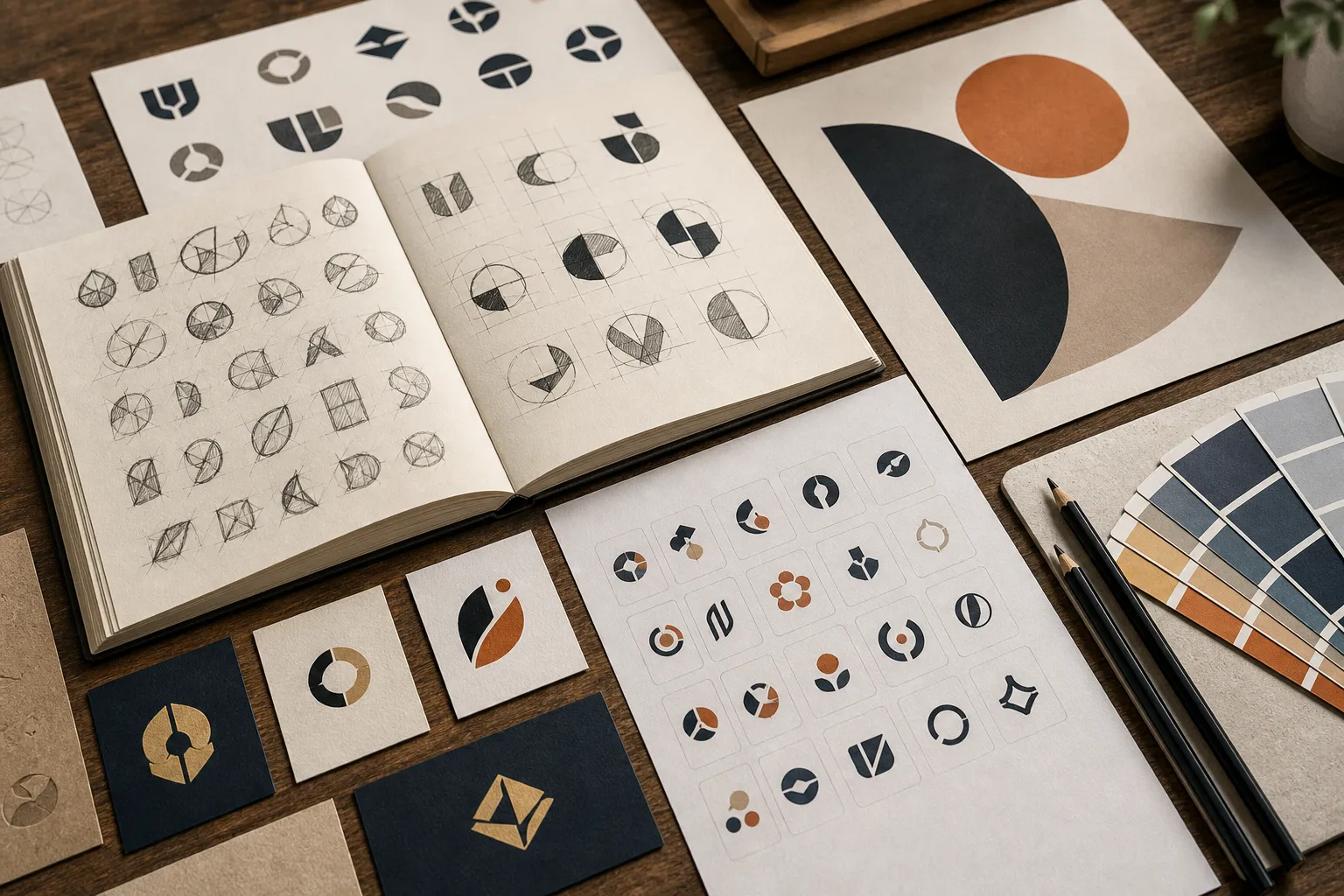 Logo sketches, original symbol studies, icon samples, and coordinated graphic design materials.