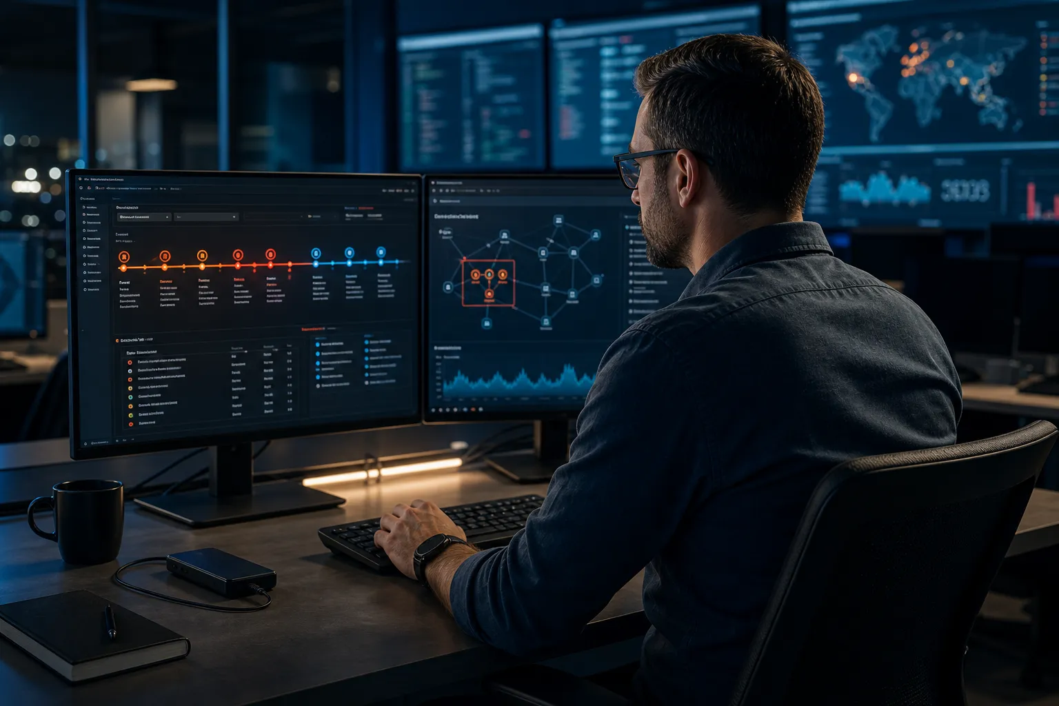 An incident response specialist investigating an intrusion timeline and isolating affected systems from the business network.