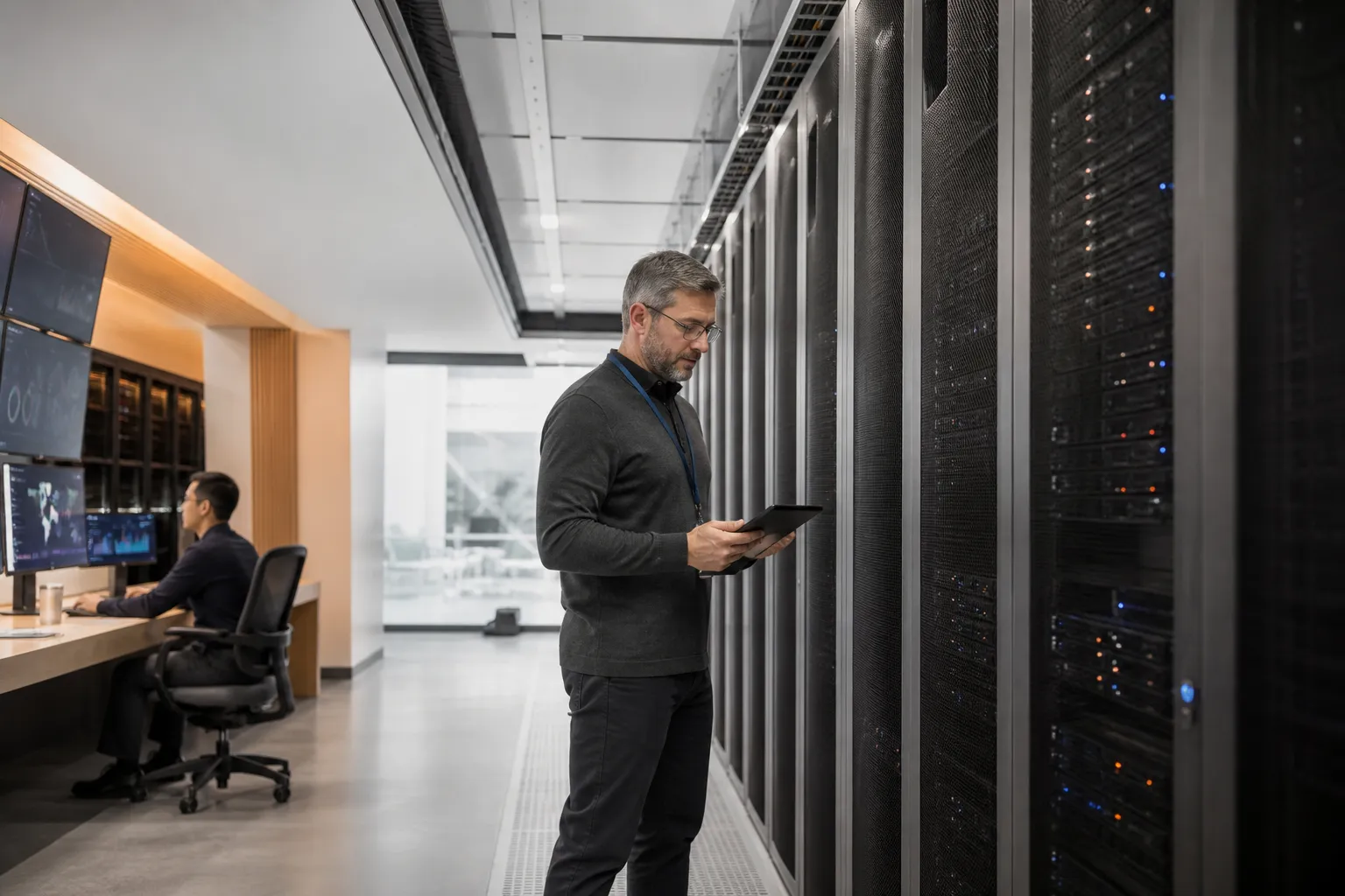 Infrastructure specialist inspecting servers in a modern data center.