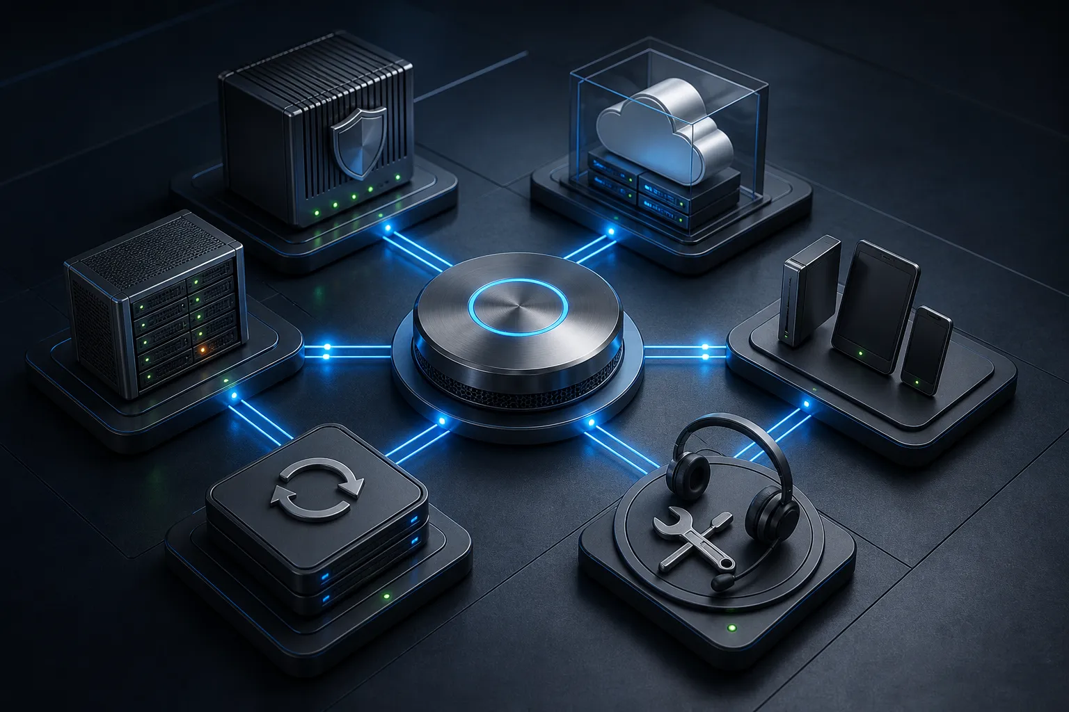 A central managed IT operations hub connecting protected infrastructure, cloud services, servers, business devices, recovery, and technical support.