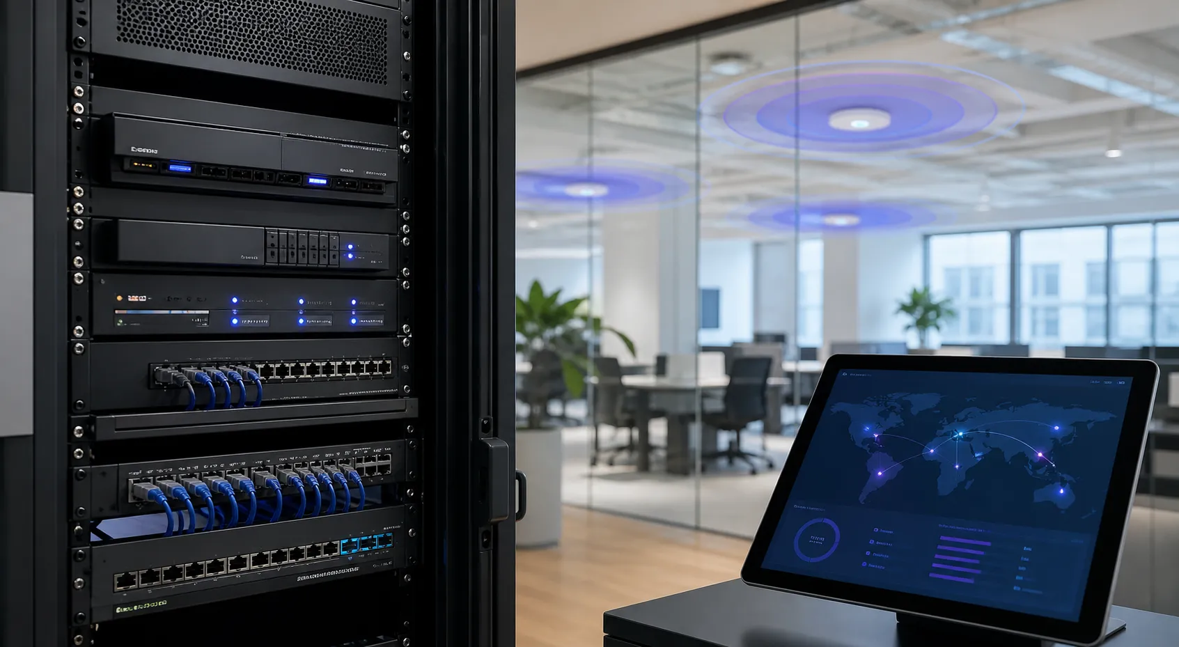 A professionally installed network rack with a multi-site connectivity view in a modern office.