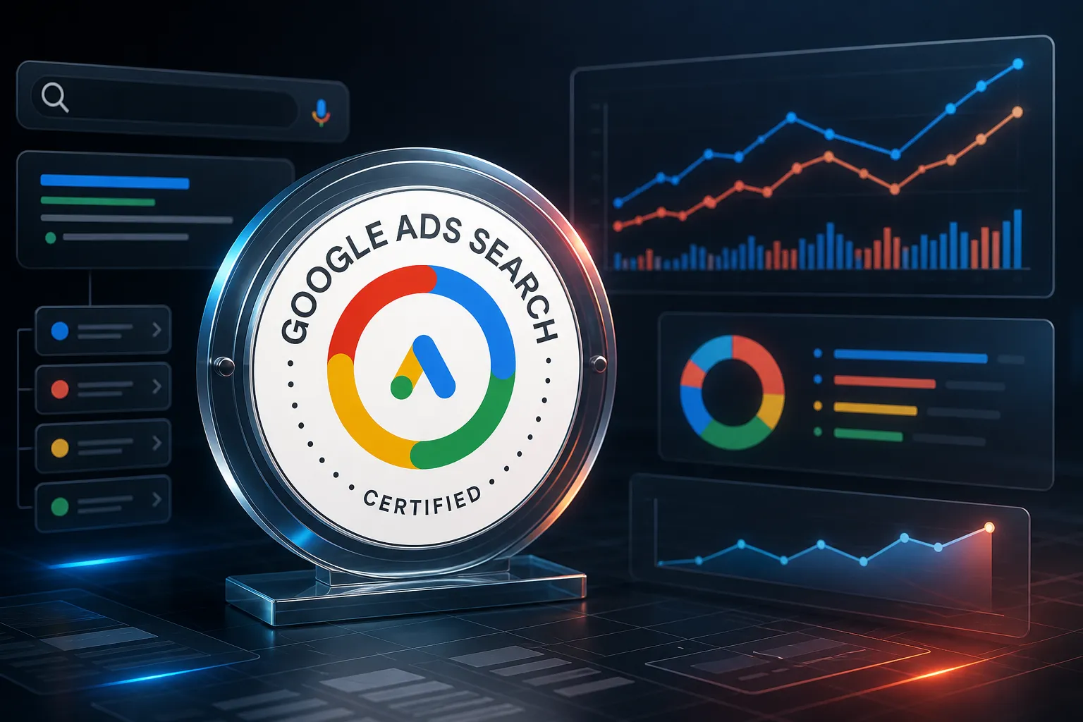 Google Ads Search Certified credential presented with paid-search campaign structure, conversion trends, and performance reporting.