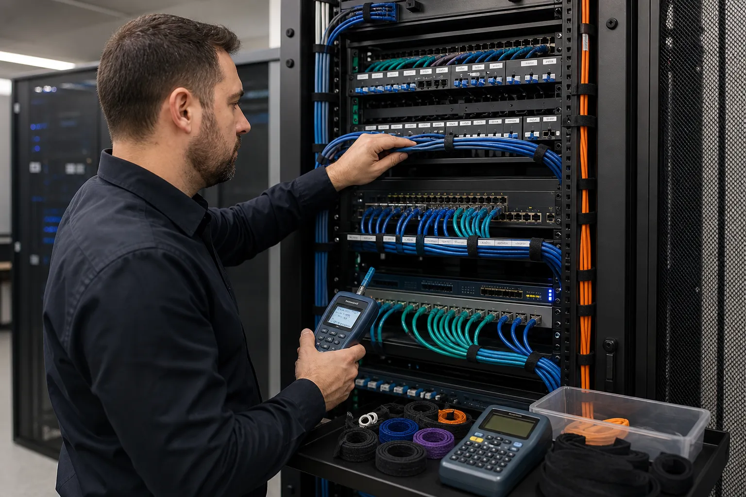 A network engineer testing, labeling, and organizing structured cabling in a professionally managed network rack.