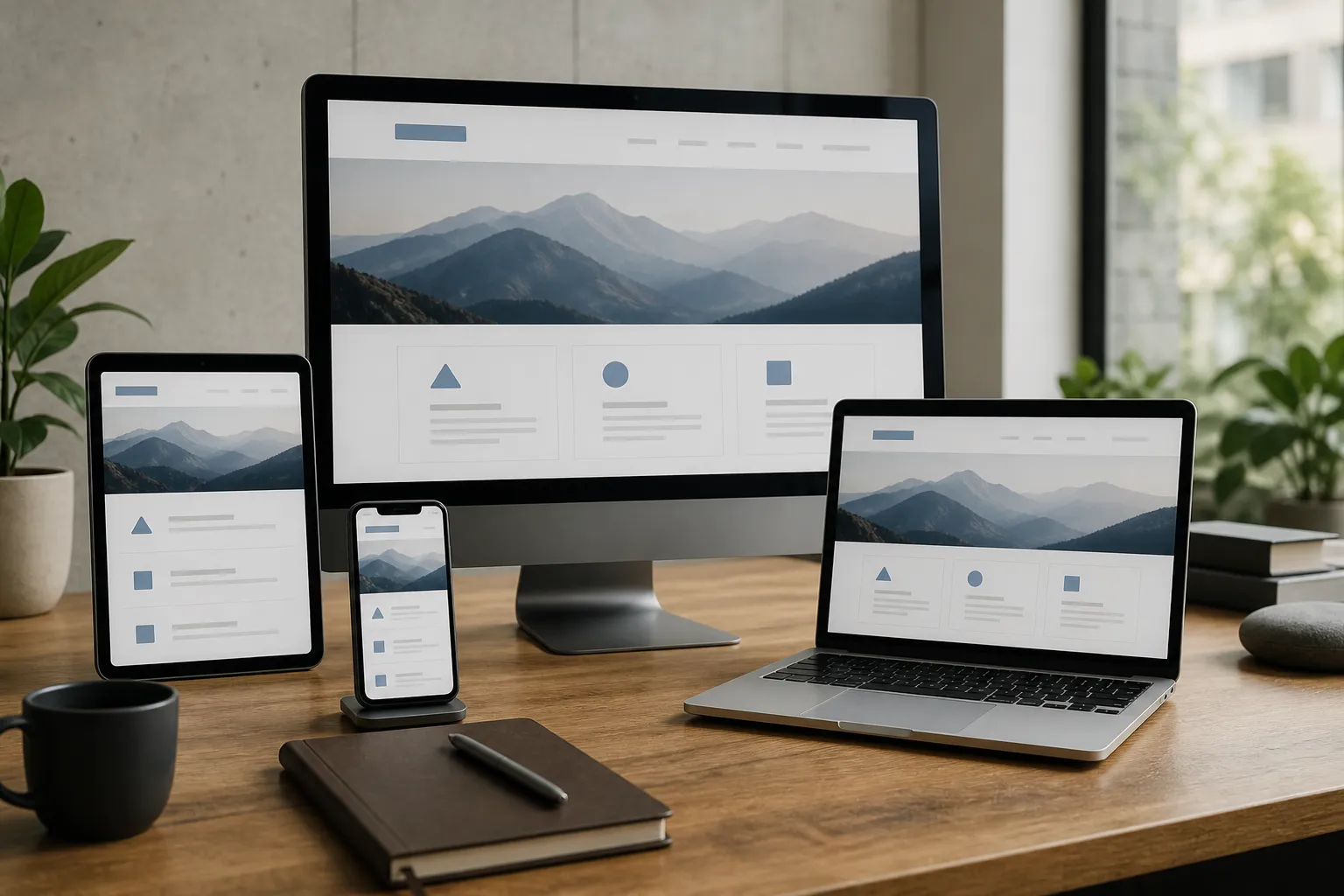One responsive website displayed across a phone, tablet, laptop, and desktop monitor.