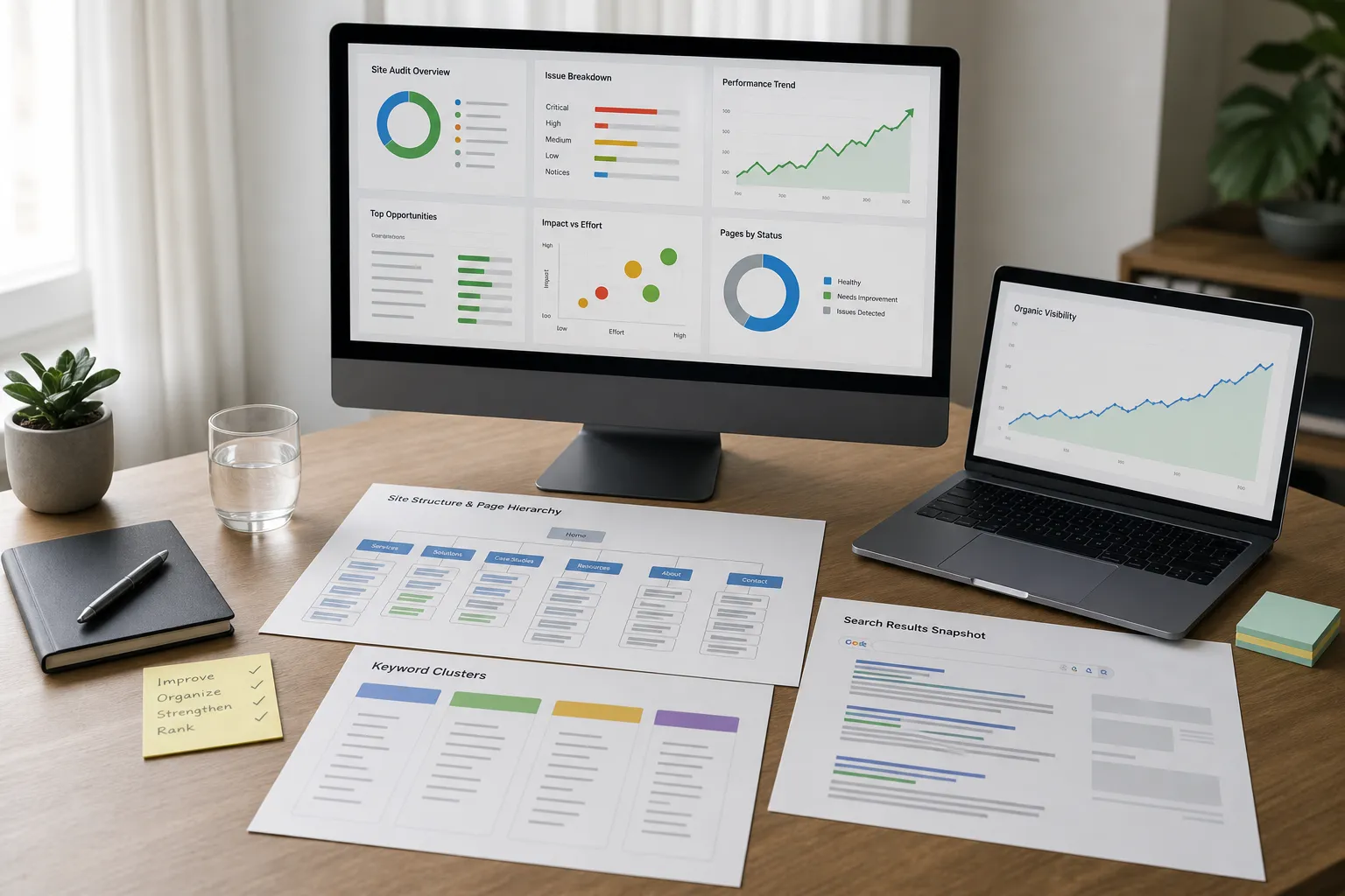 A search visibility review with website structure, search results, and performance trends.