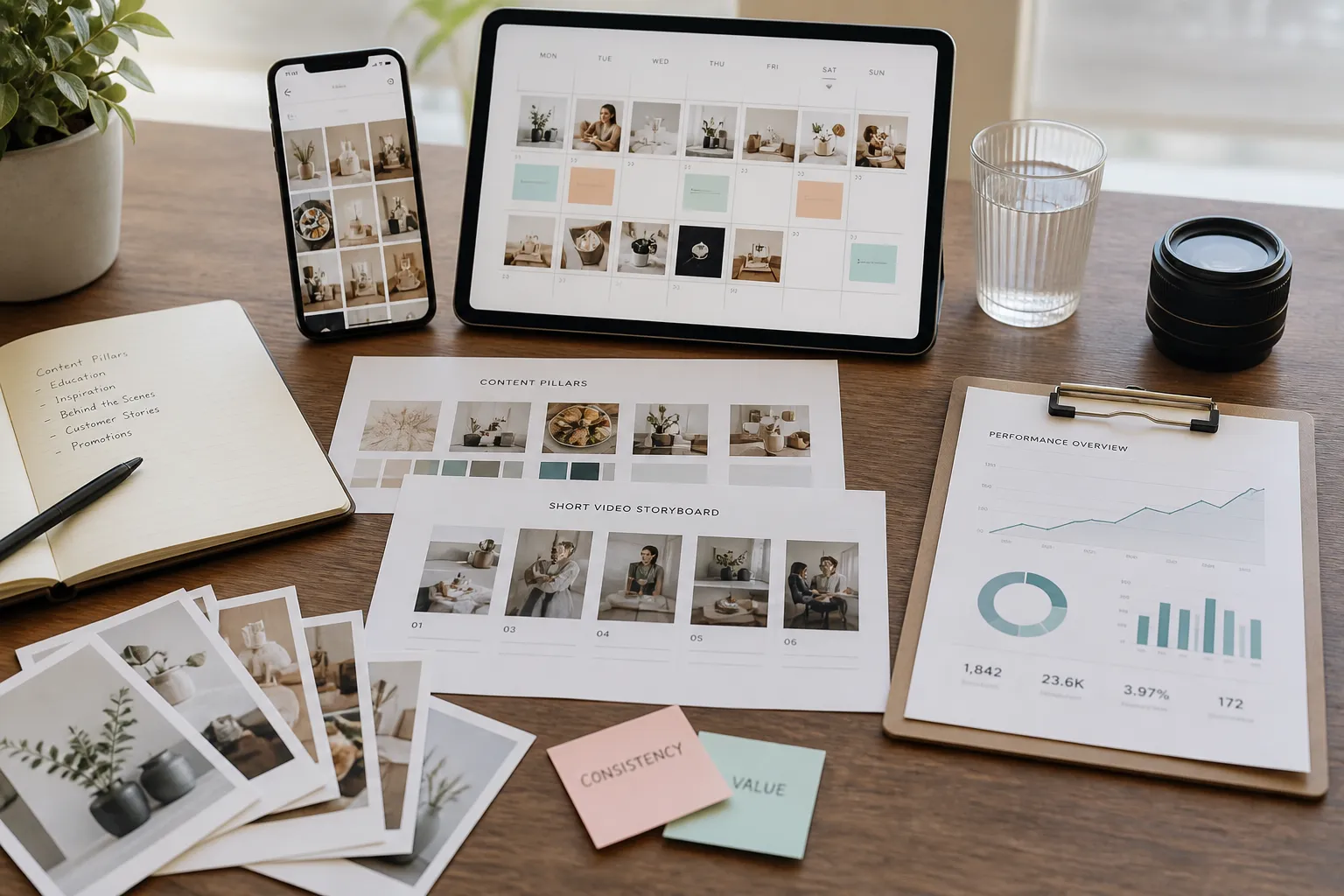 A coordinated social media content calendar with photography, short-video planning, and performance reporting.