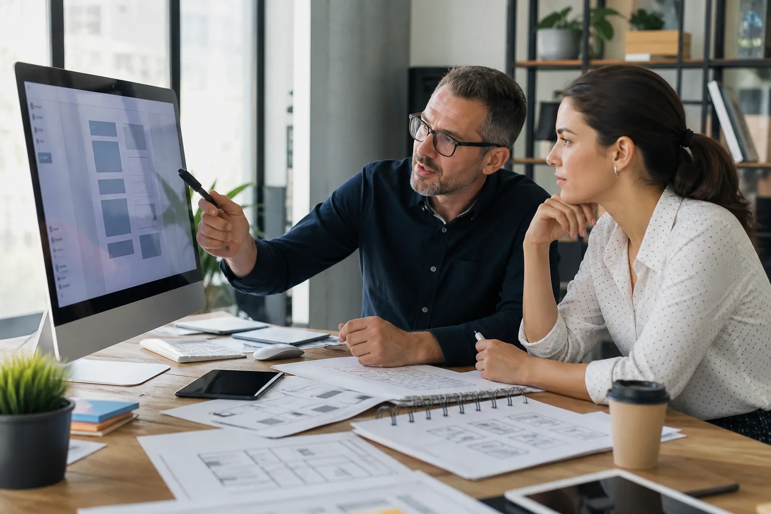 A product designer and business client reviewing website wireframes in a modern office.