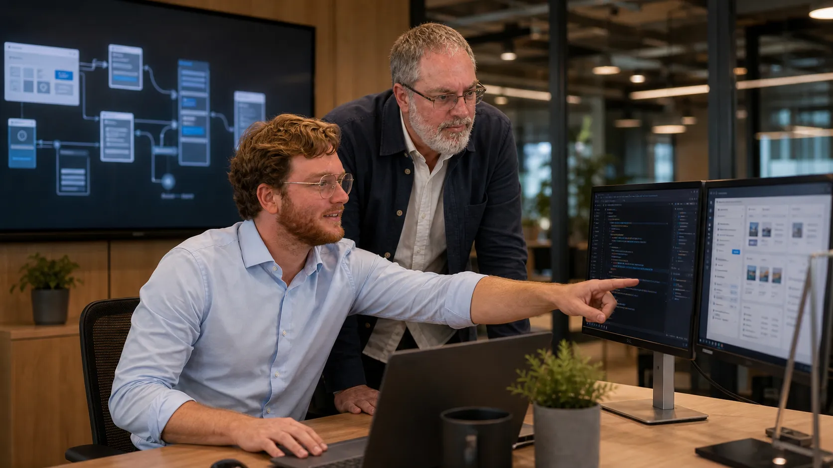 Rob and Hunter reviewing application code, interface workflows, and a custom business dashboard in a modern development studio.